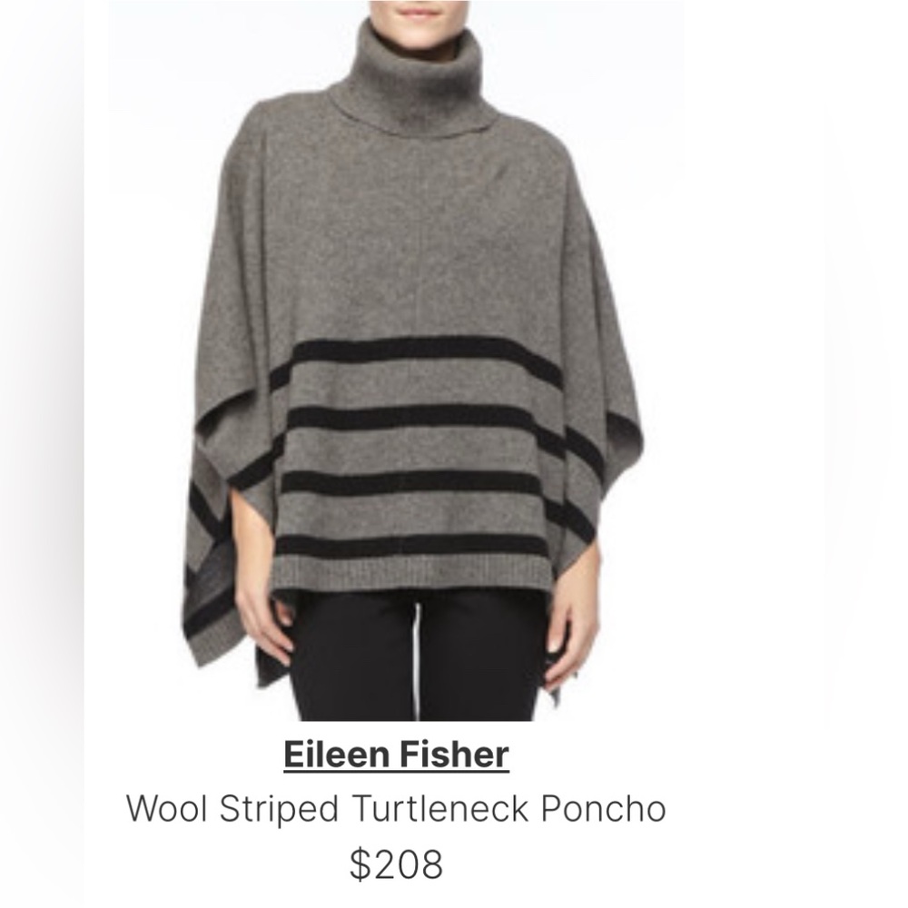 Eileen Fisher Wool Striped Turtleneck Poncho Small/Medium Gray Black Minimalist